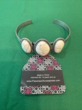 paparazzi White Stone Silver-Tone Triple Oval Cuff Bracelet